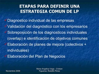ETAPAS PARA DEFINIR UNA ESTRATEGIA COMUN DE LP Diagnostico individual de las empresas  Validación del diagnóstico con los empresarios Sobreposición de los diagnosticos individuales (overlap) e identificación de objetivos comunes Elaboración de planes de mejora (colectivos + individuales) Elaboración del Plan de Negocios 