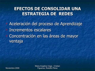 EFECTOS DE CONSOLIDAR UNA ESTRATEGIA DE  REDES Aceleración del proceso de Aprendizaje Incrementos escalares Concentración en las áreas de mayor ventaja 