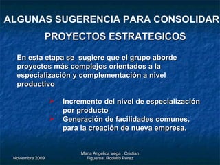 ALGUNAS SUGERENCIA PARA CONSOLIDAR En esta etapa se  sugiere que el grupo aborde proyectos más complejos orientados a la  especialización y complementación a nivel productivo Incremento del nivel de especialización por producto Generación de facilidades comunes, para la creación de nueva empresa. PROYECTOS ESTRATEGICOS 