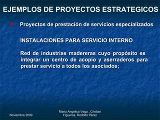 EJEMPLOS DE PROYECTOS ESTRATEGICOS Proyectos de prestación de servicios especializados . INSTALACIONES PARA SERVICIO INTERNO Red de industrias madereras cuyo propósito es  integrar un centro de acopio y aserraderos para prestar servicio a todos los asociados;  
