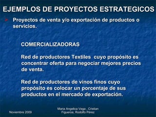 EJEMPLOS DE PROYECTOS ESTRATEGICOS Proyectos de venta y/o exportación de productos o servicios. COMERCIALIZADORAS  Red de productores Textiles  cuyo propósito es concentrar oferta para negociar mejores precios de venta.  Red de productores de vinos finos cuyo propósito es colocar un porcentaje de sus productos en el mercado de exportación. 