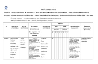 PLANIFICACIÓN POR UNIDAD
Asignatura: Lenguaje Y comunicación N° de la Unidad: 1 Fecha: Abril- Mayo 2018 Profesor: Karin Conejeros Briones tiempo estimado: (75 hrs pedagógicas)
ACTITUDES: Demostrar interés y una actitud activa frente a la lectura, orientada al disfrute de la misma ya la valoración del conocimiento que se puede obtener a partir de ella.
› Demostrar disposición e interés por compartir con otros, ideas, experiencias y opiniones con otros.
› Reflexionar sobre sí mismo, sus ideas e intereses para comprenderse y valorarse.
EJE OBJETIVO DE
APRENDIZAJE
RED DE
CONTENIDOS
ACTIVIDADES
DIVERSIFICADAS
Que respondan a los
tres estilos mas
comunes
RECURSOS DE
APRENDIZAJE
PERIODO
INDICADORES DE
EVALUACION
Mencionar
instrumentos de
Evaluación
Abril mayo
SEMANA SEMANA
1 2 3 4 1 2 3 4
Escritura Reconocer que
los textos
escritos
transmiten
mensajes y que
son escritos por
alguien para
cumplir un
propósito.
(OA 1)
Textos
escritos
Mensajes
escritos
propósito
 Señalética
El docente muestra una
serie de señales en las
que se mezclan
imágenes y palabras. Por
ejemplo:
El profesor lee las
palabras de cada señal a
los estudiantes,
indicándolas
con el dedo, y luego les
pregunta qué es lo que
se exige en los carteles.
Distintos textos, diversos
mensajes
El profesor explica a los
estudiantes que todos los
textos que
tienen palabras
Imágenes
Data
Computador
Laminas con
señaletica
cuaderrnos
Lápices
Goma
X › Distinguen entre
imagen y texto escrito.
› Indican qué mensaje
transmite un texto
familiar; por ejemplo,
“salida de emergencia”,
“no fumar”, etc.
› Identifican palabras
familiares; por ejemplo,
su nombre o
apellido.
› Juegan a leer.
› Siguen con el dedo las
líneas de un párrafo
mientras escuchan
la lectura de ese texto.
› Identifican al autor y
título de un libro.
Escala apreciación
Cuadernos
personales
 