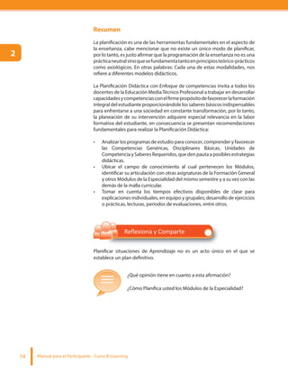 Manual para el Participante - Curso B-Learning74
Planificar situaciones de Aprendizaje no es un acto único en el que se
establece un plan definitivo.
¿Qué opinión tiene en cuanto a esta afirmación?
¿Cómo Planifica usted los Módulos de la Especialidad?
Resumen
La planificación es una de las herramientas fundamentales en el aspecto de
la enseñanza, cabe mencionar que no existe un único modo de planificar,
por lo tanto, es justo afirmar que la programación de la enseñanza no es una
prácticaneutralsinoquesefundamentatantoenprincipiosteórico-prácticos
como axiológicos. En otras palabras: Cada una de estas modalidades, nos
refiere a diferentes modelos didácticos.
La Planificación Didáctica con Enfoque de competencias invita a todos los
docentes de la Educación MediaTécnico Profesional a trabajar en desarrollar
capacidadesycompetenciasconelfirmepropósitodefavorecerlaformación
integral del estudiante proporcionándole los saberes básicos indispensables
para enfrentarse a una sociedad en constante transformación, por lo tanto,
la planeación de su intervención adquiere especial relevancia en la labor
formativa del estudiante, en consecuencia se presentan recomendaciones
fundamentales para realizar la Planificación Didáctica:
Analizar los programas de estudio para conocer, comprender y favorecer
las Competencias Genéricas, Disciplinares Básicas, Unidades de
CompetenciaySaberesRequeridos,quedenpautaaposiblesestrategias
didácticas.
Ubicar el campo de conocimiento al cual pertenecen los Módulos,
identificar su articulación con otras asignaturas de la Formación General
y otros Módulos de la Especialidad del mismo semestre y a su vez con las
demás de la malla curricular.
Tomar en cuenta los tiempos efectivos disponibles de clase para
explicaciones individuales, en equipo y grupales; desarrollo de ejercicios
o prácticas, lecturas, periodos de evaluaciones, entre otros.
2
 