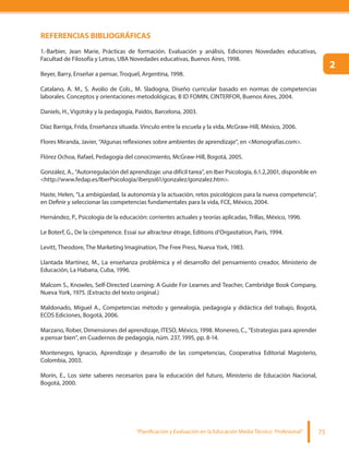 “Planificación y Evaluación en la Educación Media Técnico Profesional” 75
REFERENCIAS BIBLIOGRÁFICAS
1.-Barbier, Jean Marie, Prácticas de formación. Evaluación y análisis, Ediciones Novedades educativas,
Facultad de Filosofía y Letras, UBA Novedades educativas, Buenos Aires, 1998.
Beyer, Barry, Enseñar a pensar, Troquel, Argentina, 1998.
Catalano, A. M., S. Avolio de Cols., M. Sladogna, Diseño curricular basado en normas de competencias
laborales. Conceptos y orientaciones metodológicas, B ID FOMIN, CINTERFOR, Buenos Aires, 2004.
Daniels, H., Vigotsky y la pedagogía, Paidós, Barcelona, 2003.
Díaz Barriga, Frida, Enseñanza situada. Vínculo entre la escuela y la vida, McGraw-Hill, México, 2006.
Flores Miranda, Javier, “Algunas reflexiones sobre ambientes de aprendizaje”, en <Monografías.com>.
Flórez Ochoa, Rafael, Pedagogía del conocimiento, McGraw-Hill, Bogotá, 2005.
González, A., “Autorregulación del aprendizaje: una difícil tarea”, en Iber Psicología, 6.1.2,2001, disponible en
<http://www.fedap.es/IberPsicologia/iberpsi61/gonzalez/gonzalez.htm>.
Haste, Helen, “La ambigüedad, la autonomía y la actuación, retos psicológicos para la nueva competencia”,
en Definir y seleccionar las competencias fundamentales para la vida, FCE, México, 2004.
Hernández, P., Psicología de la educación: corrientes actuales y teorías aplicadas, Trillas, México, 1996.
Le Boterf, G., De la cómpetence. Essai sur altracteur étrage, Editions d’Orgasitation, París, 1994.
Levitt, Theodore, The Marketing Imagination, The Free Press, Nueva York, 1983.
Llantada Martínez, M., La enseñanza problémica y el desarrollo del pensamiento creador, Ministerio de
Educación, La Habana, Cuba, 1996.
Malcom S., Knowles, Self-Directed Learning: A Guide For Learnes and Teacher, Cambridge Book Company,
Nueva York, 1975. (Extracto del texto original.)
Maldonado, Miguel A., Competencias método y genealogía, pedagogía y didáctica del trabajo, Bogotá,
ECOS Ediciones, Bogotá, 2006.
Marzano, Rober, Dimensiones del aprendizaje, ITESO, México, 1998. Monereo, C., “Estrategias para aprender
a pensar bien”, en Cuadernos de pedagogía, núm. 237, 1995, pp. 8-14.
Montenegro, Ignacio, Aprendizaje y desarrollo de las competencias, Cooperativa Editorial Magisterio,
Colombia, 2003.
Morín, E., Los siete saberes necesarios para la educación del futuro, Ministerio de Educación Nacional,
Bogotá, 2000.
2
 