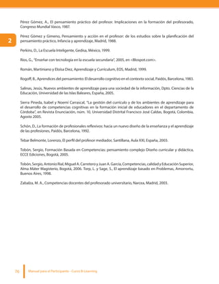 Manual para el Participante - Curso B-Learning76
Pérez Gómez, A., El pensamiento práctico del profesor. Implicaciones en la formación del profesorado,
Congreso Mundial Vasco, 1987.
Pérez Gómez y Gimeno, Pensamiento y acción en el profesor: de los estudios sobre la planificación del
pensamiento práctico, Infancia y aprendizaje, Madrid, 1988.
Perkins, D., La Escuela Inteligente, Gedisa, México, 1999.
Ríos, G., “Enseñar con tecnología en la escuela secundaria”, 2005, en <Blospot.com>.
Román, Martiniano y Eloísa Diez, Aprendizaje y Currículum, EOS, Madrid, 1999.
Rogoff, B., Aprendices del pensamiento: El desarrollo cognitivo en el contexto social, Paidós, Barcelona, 1983.
Salinas, Jesús, Nuevos ambientes de aprendizaje para una sociedad de la información, Dpto. Ciencias de la
Educación, Universidad de las Islas Baleares, España, 2005.
Sierra Pineda, Isabel y Noemí Carrascal, “La gestión del currículo y de los ambientes de aprendizaje para
el desarrollo de competencias cognitivas en la formación inicial de educadores en el departamento de
Córdoba”, en Revista Enunciación, núm. 10, Universidad Distrital Francisco José Caldas, Bogotá, Colombia,
Agosto 2005.
Schón, D., La formación de profesionales reflexivos: hacia un nuevo diseño de la enseñanza y el aprendizaje
de las profesiones, Paidós, Barcelona, 1992.
Tebar Belmonte, Lorenzo, El perfil del profesor mediador, Santillana, Aula XXI, España, 2003.
Tobón, Sergio, Formación Basada en Competencias: pensamiento complejo Diseño curricular y didáctica,
ECCE Ediciones, Bogotá, 2005.
Tobón,Sergio,AntonioRial,MiguelA.CarreteroyJuanA.García,Competencias,calidadyEducaciónSuperior,
Alma Máter Magisterio, Bogotá, 2006. Torp, L. y Sage, S., El aprendizaje basado en Problemas, Amorrortu,
Buenos Aires, 1998.
Zabalza, M. A., Competencias docentes del profesorado universitario, Narcea, Madrid, 2003.
2
 