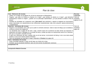 © Santillana, desaf’oPre Kinder, 2009.
Inicio - Motivación (20 minutos)
- Trabaje con la imagen de las páginas 64 y 65 de las civilizaciones de Mesoamérica.
- Pregunte: ¿qué parte de América se observa en el mapa?, ¿qué temática se aborda en el mapa?, ¿qué elementos
arquitectónicos muestra la imagen?, ¿quiénes son los personajes representados?, ¿en qué períodos se divide la línea de
tiempo?
- Considere las actividades de la evaluación inicial ¿Qué sabes? para profundizar y registrar la indagación de conocimientos
previos relacionados con características de las civilizaciones mesoamericanas, tales como ubicación, avances astronómicos
y arquitectónicos.
Recursos
requeridos
Texto del
estudiante:
páginas 64 y 65
Texto del
estudiante:
página 66
Desarrollo - Actividades (60 minutos)
- Pregunte a los estudiantes cómo creen que se pobló el continente americano. Sobre la base del diálogo que se establezca,
introduzca la lectura de la página 66.
- Los estudiantes leen la página 66 del texto. Luego, comente acerca de la existencia de varias teorías que explicarían el
poblamiento de América. Deténgase en el concepto de teoría y señale que estas son explicaciones acerca de un fenómeno,
pero que no se pueden comprobar del todo.
- A partir de la información del texto, explique cada una de las teorías: la del estrecho de Bering, la de la ruta marina desde
Oceanía y la de la ruta marítima desde la Polinesia.
- Pida a los estudiantes que describan el mapa y respondan el Practica de la página 66.
Cierre - Actividades (10 minutos)
- Corrija la actividad realizada y a partir de ella haga una síntesis de la clase.
- Corrobore que los estudiantes identifican cada una de las teorías de poblamiento americano.
Incorporación TIC
Incorporación Material Concreto
 