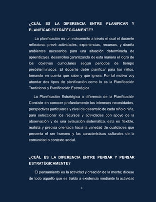¿CUÁL ES LA DIFERENCIA ENTRE PLANIFICAR Y 
PLANIFICAR ESTRATÉGICAMENTE? 
La planificación es un instrumento a través el cual el docente 
reflexiona, prevé actividades, experiencias, recursos, y diseña 
ambientes necesarios para una situación determinada de 
aprendizajes, desarrollos garantizando de esta manera el logro de 
los objetivos curriculares según periodos de tiempo 
predeterminados. El docente debe planificar para los niños, 
tomando en cuenta que sabe y que ignora. Por tal motivo voy 
abordar dos tipos de planificación como lo es la Planificación 
Tradicional y Planificación Estratégica. 
La Planificación Estratégica a diferencia de la Planificación 
Consiste en conocer profundamente los intereses necesidades, 
perspectivas particulares y nivel de desarrollo de cada niño o niña, 
para seleccionar los recursos y actividades con apoyo de la 
observación y de una evaluación sistemática, esta es flexible, 
realista y precisa orientada hacia la variedad de cualidades que 
presenta el ser humano y las características culturales de la 
comunidad o contexto social. 
¿CUÁL ES LA DIFERENCIA ENTRE PENSAR Y PENSAR 
ESTRATÉGICAMENTE? 
El pensamiento es la actividad y creación de la mente; dícese 
de todo aquello que es traído a existencia mediante la actividad 
3 
 
