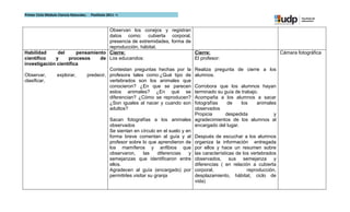Primer Ciclo Módulo Ciencia Naturales.   Postítulo 2011 –I



                                      Observan los conejos y registran
                                      datos como: cubierta corporal,
                                      presencia de extremidades, forma de
                                      reproducción, hábitat.
Habilidad     del       pensamiento Cierre:                                  Cierre:                                Cámara fotográfica
científico   y     procesos      de Los educandos:                           El profesor:
investigación científica
                                      Contestan preguntas hechas por la Realiza pregunta de cierre a los
Observar,     explorar,     predecir, profesora tales como:¿Qué tipo de alumnos.
clasificar,                           vertebrados son los animales que
                                      conocieron? ¿En que se parecen Corrobora que los alumnos hayan
                                      estos animales? ¿En qué se terminado su guía de trabajo.
                                      diferencian? ¿Cómo se reproducen? Acompaña a los alumnos a sacar
                                      ¿Son iguales al nacer y cuando son fotografías         de    los     animales
                                      adultos?                               observados
                                                                             Propicia       despedida             y
                                      Sacan fotografías a los animales agradecimientos de los alumnos al
                                      observados                             encargado del lugar.
                                      Se sientan en círculo en el suelo y en
                                      forma breve comentan al guía y al Después de escuchar a los alumnos
                                      profesor sobre lo que aprendieron de organiza la información entregada
                                      los mamíferos y anfibios que por ellos y hace un resumen sobre
                                      observaron,       las   diferencias  y las características de los vertebrados
                                      semejanzas que identificaron entre observados, sus semejanza y
                                      ellos.                                 diferencias ( en relación a cubierta
                                      Agradecen al guía (encargado) por corporal,                     reproducción,
                                      permitirles visitar su granja          desplazamiento, hábitat, ciclo de
                                                                             vida)
 