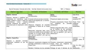 Primer Ciclo Módulo Ciencia Naturales.   Postítulo 2011 –I




      Eje de Ciencia(s): Ciencias de la Vida                 Sub Eje: Estudio de los seres vivos                NB1 – 2° Básico

       Objetivos de la clase                                 Actividades del Estudiante             Actividades del Profesor           Recursos
                  Nº1
Objetivo General                                    Inicio:                                   Inicio:                             Data Show.
                                                    Los educandos:                            El profesor:
Observar, describir y clasificar los                                                                                              Pantalla       para
vertebrados en mamíferos, aves,                     A través de lluvia de idea comentan       Presenta el objetivo de la clase.   proyectar PPT.
reptiles, anfibios y peces, a partir de             sobre lo que significa ser un animal
características      como     cubierta              vertebrado.    Proyecta presentación Power Point Power Point       con
corporal, presencia de mamas y                                     con     imágenes     de    animales imágenes         de
estructuras para la respiración, entre
                               Observan imágenes de animales vertebrados.                              animales
otras.                         vertebrados a través de un Power                                        vertebrados.
                               Point.                              Realiza preguntas tales como: ¿Cuál
                                                                   es el nombre de los animales?
                               Responden preguntas tales como: ¿Existen en el lugar donde vives?
                               ¿Cuál es el nombre de los animales? ¿En qué se parecen? ¿En qué se
                               ¿Existen en el lugar donde vives? diferencian?
                               ¿En qué se parecen? ¿En qué se
                               diferencian?
Objetivo Especifico            Desarrollo:                         Desarrollo                          Láminas          de
                               Los educandos:                      El profesor:                        animales vistos en
Observar y describir animales                                                                          el PPT.
vertebrados mediante el uso de Observan nuevamente imágenes de Proyecta nuevamente presentación
imágenes.                      animales vertebrados a través de un Power Point con imágenes de
                               Power Point.                        animales vertebrados.               Hoja de oficio con
                                                                                                       tabla          para
                               Reciben 4 láminas de los animales Entrega al azar 4 láminas de los clasificación.
 