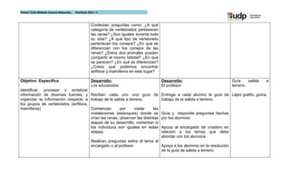 Primer Ciclo Módulo Ciencia Naturales.   Postítulo 2011 –I



                                                    Contestan preguntas como: ¿A qué
                                                    categoría de vertebrados pertenecen
                                                    las ranas? ¿Son iguales durante toda
                                                    su vida? ¿A qué tipo de vertebrado
                                                    pertenecen los conejos? ¿En qué se
                                                    diferencian con los conejos de las
                                                    ranas? ¿Estos dos animales pueden
                                                    compartir el mismo hábitat? ¿En qué
                                                    se parecen? ¿En qué se diferencian?
                                                    ¿Crees que podemos encontrar
                                                    anfibios y mamíferos en este lugar?

Objetivo Especifico                                 Desarrollo:                            Desarrollo:                         Guía     salida   a
                                                    Los educandos:                         El profesor:                        terreno.
Identificar, procesar y sintetizar
información de diversas fuentes; y Reciben cada uno una guía de                            Entrega a cada alumno la guía de Lápiz grafito, goma.
organizar la información respecto a trabajo de la salida a terreno.                        trabajo de la salida a terreno.
los grupos de vertebrados (anfibios,
mamíferos)                           Comienzan        por     visitar    las
                                     instalaciones (estanques) donde se                    Guía y responde preguntas hechas
                                     crían las ranas, observan las distintas               por los alumnos.
                                     etapas de su desarrollo, comentan si
                                     los individuos son iguales en estas                   Apoya al encargado de criadero en
                                     etapas.                                               relación a los temas que debe
                                                                                           abordar con los alumnos
                                                    Realizan preguntas sobre el tema al
                                                    encargado o al profesor.            Apoya a los alumnos en la resolución
                                                                                        de la guía de salida a terreno.
 