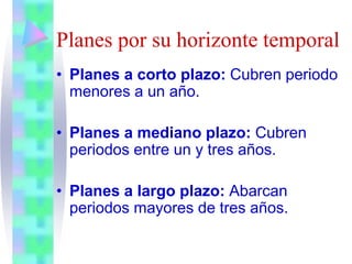 Planes por su horizonte temporal
• Planes a corto plazo: Cubren periodo
menores a un año.
• Planes a mediano plazo: Cubren
periodos entre un y tres años.
• Planes a largo plazo: Abarcan
periodos mayores de tres años.
 