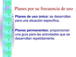 Planes por su frecuencia de uso
• Planes de uso único: se desarrollan
para una situación específica.
• Planes permanentes: proporcionan
una guía para las actividades que se
desarrollan repetidamente.
 