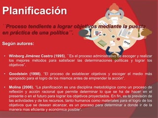 Planificación
´´Proceso tendiente a lograr objetivos mediante la puesta
en práctica de una política´´.
Según autores:
• Winborg Jiménez Castro (1995), ´´Es el proceso administrativo de escoger y realizar
los mejores métodos para satisfacer las determinaciones políticas y lograr los
objetivos”.
• Goodstein (1998), “El proceso de establecer objetivos y escoger el medio más
apropiado para el logro de los mismos antes de emprender la acción”.
• Molina (2006), “La planificación es una disciplina metodológica como un proceso de
reflexión y acción racional que permite determinar lo que se ha de hacer en el
presente o en el futuro para lograr los objetivos proyectados. En fin, es la previsión de
las actividades y de los recursos, tanto humanos como materiales para el logro de los
objetivos que se desean alcanzar, es un proceso para determinar a donde ir de la
manera mas eficiente y económica posible”.
 