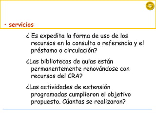 servicios   ¿  Es  expedita la forma de uso de los  recursos  en la consulta o referencia y el préstamo o circulación?   ¿Las bibliotecas de aulas están permanentemente renovándose con recursos del CRA? ¿Las actividades de extensión programadas cumplieron el objetivo propuesto. Cúantas se realizaron? 