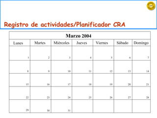 Registro de actividades/Planificador CRA Marzo  2004 Lunes Martes Miércoles Jueves Viernes Sábado Domingo 1 2 3 4 5 6 7 8 9 10 11 12 13 14 15 16 17 18 19 20 21 22 23 24 25 26 27 28 29 30 31 