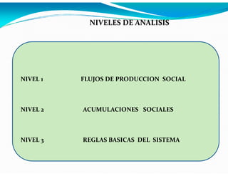 NIVELES DE ANALISIS

NIVEL 1

FLUJOS DE PRODUCCION SOCIAL

NIVEL 2

ACUMULACIONES SOCIALES

NIVEL 3

REGLAS BASICAS DEL SISTEMA

 