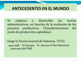 ANTECEDENTES EN EL MUNDO
• Se

empieza
a
desarrollar
las
teorías
administrativas, en función de la evolución de los
procesos productivos. (Transformaciones del
modo de producción capitalista).

• Surge la Teoría General de Sistemas. (TGS).
19451945-1958. En Europa, Se ejecuta el Plan Marschal,
antecesor del PNR.

 