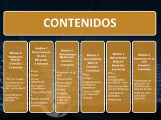 CONTENIDOS
Módulo 0
Plataforma
Moodle
Duración:
2 semanas
TICs en el aula
Sociedad de la
información y
del conocimient
o
conociendo la
plataforma
Moodle
Modulo 1
Comunicación
On-line
Duración:
4 semanas
Foros
Chats
Correo
electrónico
Mensajería
instantánea
Videoconferencia
s
Redes sociales
Enciclopedias
virtuales
Modulo 2
Herramientas
Multimedia
Duración:
4 semanas
Imagénes en la
web
Animaciones
Personalizar
fotografías
Videos
Avatares
Archivos de
audio con
audacity
Módulo 3
Herramientas
Web 2.0
Duración:
4 semanas
Blogs
Scribds
Presentaciones
en línea en
slideshare-
Libros virtuales
con Calameo
Youtube
Módulo 4
Herramientas
Web 2.0.
Duración:
4 semanas
Wikis
Mapas
conceptuales
con CMap-Tools
Ejercicios on-line
con Hot Potatoes
Tutoriales en
Camtasia
WebQuest
Módulo 5
Aplicación en el
aula
Duración:
4 semanas
Estrategias de
aplicación de
Herramientas
Web en el aula
Software para
cada área
específica
 