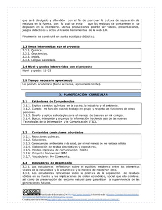 Planificadorde ProyectosV2 by Maritza Cuartas Jaramillo is licensedunder a Creative Commons Reconocimiento-
No Comercial-SinObraDerivada 4.0Internacional License.
Creado a partir de la obra enhttp://punya.educ.msu.edu/publications/journal_articles/mishra-koehler-tcr2006.pdf...
que será divulgado y difundido con el fin de promover la cultura de separación de
residuos en la fuente, con lo cual se evita que los residuos se contaminen o se
degraden en la intemperie. Dichas producciones podrán ser videos, presentaciones,
juegos didácticos u otros utilizando herramientas de la web 2.0.
Finalmente se construirá un punto ecológico didáctico.
2.3 Áreas intervenidas con el proyecto
2.3.1. Química.
2.3.2. Geociencias.
2.3.3. Inglés.
2.3.4. Lengua Castellana.
2.4 Nivel y grados intervenidos con el proyecto
Nivel y grado: 11-03
2.5 Tiempo necesario aproximado
Un período académico (trece semanas, aproximadamente).
3. PLANIFICACIÓN CURRICULAR
3.1 Estándares de Competencias
3.1.1. Explico cambios químicos en la cocina, la industria y el ambiente.
3.1.2. Cumplo mi función cuando trabajo en grupo y respeto las funciones de otras
personas.
3.1.3. Diseño y aplico estrategias para el manejo de basuras en mi colegio.
3.1.4. Busco, interpreto y organizo la información haciendo uso de las nuevas
Tecnologías de la Información y la Comunicación (TIC).
3.2 Contenidos curriculares abordados
3.2.1. Reacciones químicas.
3.2.2. Soluciones.
3.3 Indicadores de desempeño
3.3.1. Los estudiantes reflexionan sobre el equilibrio existente entre los elementos
vitales de la naturaleza y lo urbanístico y la manera de mantener esto.
3.3.2. Los estudiantes reflexionan sobre la práctica de la separación de residuos
sólidos en su fuente y las implicaciones de orden económico, social que ello conlleva,
así como de preservación del entorno natural para garantizar la supervivencia de las
generaciones futuras.
3.1.1. Explico cambios químicos en la cocina, la industria y el ambiente.
3.1.2. Cumplo mi función cuando trabajo en grupo y respeto las funciones de otras
personas.
3.1.3. Diseño y aplico estrategias para el manejo de basuras en mi colegio.
3.1.4. Busco, interpreto y organizo la información haciendo uso de las nuevas
Tecnologías de la Información y la Comunicación (TIC).
3.2.1. Reacciones químicas.
3.2.2. Soluciones.
3.2.3. Consecuencias ambientales y de salud, por el mal manejo de los residuos sólidos
3.2.4. Elaboración de textos descriptivos y expositivos.
3.2.5. Medios impresos de comunicación: folleto
3.2.6. Proyecto transversal PRAE
3.2.7. Vocabulario: My Community.
 