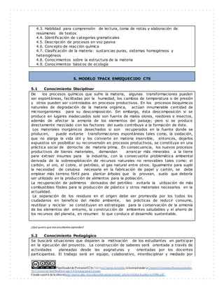 Planificadorde ProyectosV2 by Maritza Cuartas Jaramillo is licensedunder a Creative Commons Reconocimiento-
No Comercial-SinObraDerivada 4.0Internacional License.
Creado a partir de la obra enhttp://punya.educ.msu.edu/publications/journal_articles/mishra-koehler-tcr2006.pdf...
4.3. Habilidad para comprensión de lectura, toma de notas y elaboración de
resúmenes de textos
4.4. Identificación de categorías gramaticales
4.5. Descripción de procesos en voz pasiva
4.6. Concepto de reacción química
4.7. Clasificación de la materia: sustancias puras, sistemas homogéneos y
heterogéneos
4.8. Conocimientos sobre la estructura de la materia
4.9. Conocimientos básicos de ecología
5. MODELO TPACK ENRIQUECIDO CTS
5.1 Conocimiento Disciplinar
De los procesos químicos que sufre la materia, algunas transformaciones pueden
ser espontáneas, facilitadas por la humedad, los cambios de temperatura o de presión
y otros pueden ser controlados en procesos productivos. En los procesos bioquímicos
naturales de degradación de la materia orgánica, actúan innumerable cantidad de
microorganismos para su descomposición. Sin embargo, ésta descomposición si se
produce en lugares inadecuados solo son fuente de malos olores, roedores e insectos,
además de afectar la armonía de los elementos del paisaje; pero si se produce
directamente mezclado con los factores del suelo contribuye a la formación de éste.
Los materiales inorgánicos desechados si son recuperados en la fuente donde se
producen, puede evitarse transformaciones espontáneas tales como, la oxidación,
que no alarga la vida útil y los convierte en materia inservible, entonces, dejarlos
expuestos sin posibilitar su reconversión en procesos productivos, se constituye en una
práctica social de derroche de materia prima. En consecuencia, los nuevos procesos
productivos de bienes materiales, demandan arrancar más minerales a la tierra
para extraer insumos para la industria, con la consecuente problemática ambiental
derivada de la sobreexplotación de recursos naturales no renovables tales como: el
carbón, el oro, el cobre, el petróleo, el gas natural entre otros. Igualmente para suplir
la necesidad de celulosa necesaria en la fabricación de papel y cartón, se debe
emplear más terreno fértil para plantar árboles que la provean, suelo que debería
ser utilizado en la producción de alimentos para la población.
La recuperación de polímeros derivados del petróleo evitaría la utilización de más
combustibles fósiles para la producción de plástico y otros materiales necesarios en la
actualidad.
La separación de los residuos en el origen debe ser promovida por los todos los
ciudadanos en beneficio del medio ambiente, las prácticas de reducir consumo,
reutilizar y reciclar se constituyen en estrategias para la conservación de la armonía
de los elementos del entorno, la construcción de ambientes saludables y el ahorro de
los recursos del planeta, en resumen lo que conduce al desarrollo sustentable.
¿Qué quiero que mis estudiantes aprendan?
5.2 Conocimiento Pedagógico
Se buscará situaciones que disparen la motivación de los estudiantes en participar
en la ejecución del proyecto. La construcción de saberes será orientada a través de
actividades planeadas desde las asignaturas y orientadas por los docentes
participantes. El trabajo será en equipo, colaborativo, interdisciplinar y mediado por
 