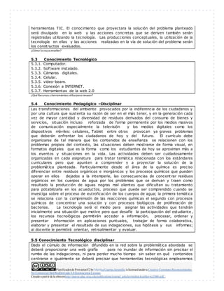 Planificadorde ProyectosV2 by Maritza Cuartas Jaramillo is licensedunder a Creative Commons Reconocimiento-
No Comercial-SinObraDerivada 4.0Internacional License.
Creado a partir de la obra enhttp://punya.educ.msu.edu/publications/journal_articles/mishra-koehler-tcr2006.pdf...
herramientas TIC. El conocimiento que proyectara la solución del problema planteado
será divulgado en la web y las acciones concretas que se deriven también serán
registradas utilizando la tecnología. Las producciones conceptuales, la utilización de la
tecnología en ellas y las acciones realizadas en la vía de solución del problema serán
los constructos evaluados.
¿Cómo lo voy a enseñar?
5.3 Conocimiento Tecnológico
5.3.1. Computador.
5.3.2. Software instalado.
5.3.3. Cámaras digitales.
5.3.4. Celular.
5.3.5. video-beam.
5.3.6. Conexión a INTERNET.
5.3.7. Herramientas de la web 2.0
¿Qué Recursos y herramientas utilizoparainnovar?
5.4 Conocimiento Pedagógico –Disciplinar
Las transformaciones del ambiente provocados por la indiferencia de los ciudadanos y
por una cultura que sustenta su razón de ser en el más tener, y en la generación cada
vez de mayor cantidad y diversidad de residuos derivados del consumo de bienes y
servicios, situación incluso reforzada de forma permanente por los medios masivos
de comunicación especialmente la televisión y los medios digitales como los
dispositivos móviles: celulares, Tablet entre otros provocan ya graves problemas
que deberán enfrentar los ciudadanos de hoy y del futuro. El currículo debe
organizarse de tal manera que los contenidos de enseñanza se relacionen con los
problemas propios del contexto, las situaciones deben mostrarse de forma visual, en
formatos digitales que es la forma como los estudiantes de hoy se aproximan más a
los eventos y situaciones en la vida. Las actividades deben ser cuidadosamente
organizadas en cada asignatura para tratar temática relacionada con los estándares
curriculares pero que apunten a comprender y a proyectar la solución de la
problemática planteada. Particularmente desde el área de la química es preciso
diferenciar entre residuos orgánicos e inorgánicos y los procesos químicos que pueden
operar en ellos dejados a la intemperie, las consecuencias de concent rar residuos
orgánicos en los cuerpos de agua por los problemas que se derivan y traen como
resultado la producción de aguas negras mal olientes que dificultan su tratamiento
para potabilizarla en los acueductos, proceso que puede ser comprendido cuando se
investiga sobre el proceso de eutroficación de los cuerpos de agua; la primera temática
se relaciona con la comprensión de las reacciones químicas el segundo con procesos
químicos de concentrar una solución y con procesos biológicos de proliferación de
bacterias. La tecnología será el medio para asignar las actividades que tendrán
inicialmente una situación que motive pero que desafíe la participación del estudiante,
los recursos tecnológicos permitirán acceder a información, procesar, ordenar y
presentar información en aplicaciones puntuales, trabajar de forma colaborativa,
elaborar y presentar el resultado de sus indagaciones, sus hipótesis y sus informes;
al docente le permitirá orientar, retroalimentar y evaluar.
5.5 Conocimiento Tecnológico disciplinar
Dado el cúmulo de información difundido en la red sobre la problemática abordada se
deberá proporcionar una web grafía para no inundar de información sin precisar el
rumbo de las indagaciones, ni para perder mucho tiempo sin saber en qué contenidos
centrarse e igualmente se deberá precisar que herramientas tecnológicas emplearemos
 