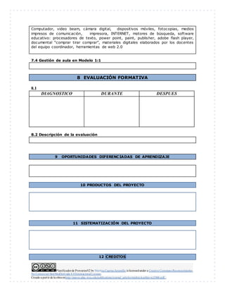 Planificadorde ProyectosV2 by Maritza Cuartas Jaramillo is licensedunder a Creative Commons Reconocimiento-
No Comercial-SinObraDerivada 4.0Internacional License.
Creado a partir de la obra enhttp://punya.educ.msu.edu/publications/journal_articles/mishra-koehler-tcr2006.pdf...
Computador, video beam, cámara digital, dispositivos móviles, fotocopias, medios
impresos de comunicación, impresora, INTERNET, motores de búsqueda, software
educativo: procesadores de texto, power point, paint, publisher, adobe flash player,
documental “comprar tirar comprar”, materiales digitales elaborados por los docentes
del equipo coordinador, herramientas de web 2.0
7.4 Gestión de aula en Modelo 1:1
8 EVALUACIÓN FORMATIVA
8.1
DIAGNOSTICO DURANTE DESPUES
8.2 Descripción de la evaluación
9 OPORTUNIDADES DIFERENCIADAS DE APRENDIZAJE
10 PRODUCTOS DEL PROYECTO
11 SISTEMATIZACIÓN DEL PROYECTO
12 CREDITOS
 