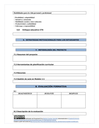 Planificador de ProyectosV2 by Maritza Cuartas Jaramillo islicensedunder a CreativeCommons
Reconocimiento-NoComercial-SinObraDerivada 4.0 Internacional License.
Creado a partir de la obra enhttp://punya.educ.msu.edu/publications/journal_articles/mishra-koehler-tcr2006.pdf...
bilidades para la vida personal y profesional

Flexibilidad y adaptabilidad
Iniciativa y autonomía
Habilidades sociales e inter-culturales
Productividad y confiabilidad
Liderazgo y responsabilidad
5.8 Enfoque educativo CTS
6. ESTRATEGIAS MOTIVACIONALES PARA LOS ESTUDIANTES
7. METODOLOGÍA DEL PROYECTO
7.1 Resumen del proyecto
7.2 Herramientas de planificación curricular
7.3 Recursos
7.4 Gestión de aula en Modelo 1:1
8. EVALUACIÓN FORMATIVA
8.1
DIAGNOSTICO DURANTE DESPUES
8.2 Descripción de la evaluación
 
