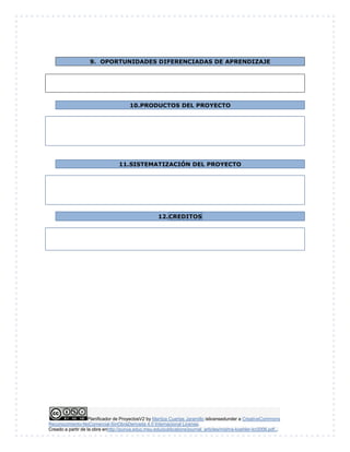 Planificador de ProyectosV2 by Maritza Cuartas Jaramillo islicensedunder a CreativeCommons
Reconocimiento-NoComercial-SinObraDerivada 4.0 Internacional License.
Creado a partir de la obra enhttp://punya.educ.msu.edu/publications/journal_articles/mishra-koehler-tcr2006.pdf...
9. OPORTUNIDADES DIFERENCIADAS DE APRENDIZAJE
10.PRODUCTOS DEL PROYECTO
11.SISTEMATIZACIÓN DEL PROYECTO
12.CREDITOS
 