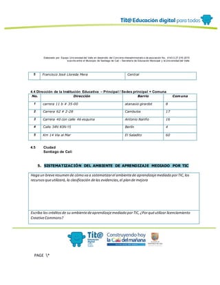 Elaborado por: Equipo Univ ersidad del Valle en desarrollo del Conv enio interadministrativ o de asociación No. 4143.0.27.016-2015
suscrito entre el Municipio de Santiago de Cali – Secretaría de Educación Municipal y la Univ ersidad del Valle
PAGE *
MERGEF
ORMAT
13
5 Francisco José Lloreda Mera Central
4.4 Dirección de la Institución Educativa – Principal / Sedes principal + Comuna
No. Dirección Barrio Comuna
1 carrera 11 b # 35-00 atanasio girardot 8
2 Carrera 62 # 2-28 Cambulos 17
3 Carrera 40 con calle 46 esquina Antonio Nariño 16
4 Calle 34N #3N-15 Berlín 4
5 Km 14 Via al Mar El Saladito 60
4.5 Ciudad
Santiago de Cali
5. SISTEMATIZACIÓN DEL AMBIENTE DE APRENDIZAJE MEDIADO POR TIC
Haga un breveresumen de cómo va a sistematizarel ambientede aprendizajemediado porTIC,los
recursosqueutilizará, la clasificación delas evidencias,el plan de mejora
Escriba los créditosde su ambientedeaprendizajemediado porTIC,¿Porquéutilizar licenciamiento
CreativeCommons?
 