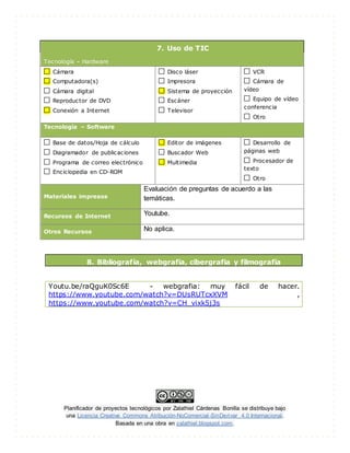 Planificador de proyectos tecnológicos por Zalathiel Cárdenas Bonilla se distribuye bajo
una Licencia Creative Commons Atribución-NoComercial-SinDerivar 4.0 Internacional.
Basada en una obra en zalathiel.blogspot.com.
7. Uso de TIC
Tecnología – Hardware
Cámara
Computadora(s)
Cámara digital
Reproductor de DVD
Conexión a Internet
Disco láser
Impresora
Sistema de proyección
Escáner
Televisor
VCR
Cámara de
vídeo
Equipo de vídeo
conferencia
Otro
Tecnología – Software
Base de datos/Hoja de cálculo
Diagramador de publicaciones
Programa de correo electrónico
Enciclopedia en CD-ROM
Editor de imágenes
Buscador Web
Multimedia
Desarrollo de
páginas web
Procesador de
texto
Otro
Materiales impresos
Evaluación de preguntas de acuerdo a las
temáticas.
Recursos de Internet Youtube.
Otros Recursos No aplica.
8. Bibliografía, webgrafia, cibergrafia y filmografía
Youtu.be/raQguK0Sc6E - webgrafia: muy fácil de hacer.
https://www.youtube.com/watch?v=DUsRUTcxXVM ,
https://www.youtube.com/watch?v=CH_vixk5j3s
 