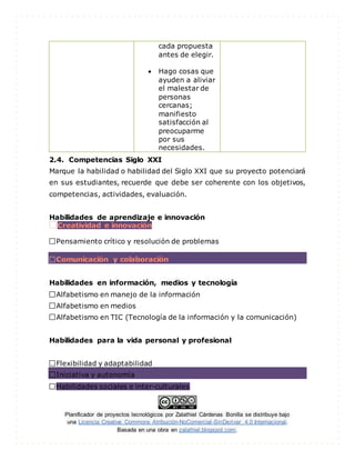 Planificador de proyectos tecnológicos por Zalathiel Cárdenas Bonilla se distribuye bajo
una Licencia Creative Commons Atribución-NoComercial-SinDerivar 4.0 Internacional.
Basada en una obra en zalathiel.blogspot.com.
cada propuesta
antes de elegir.
 Hago cosas que
ayuden a aliviar
el malestar de
personas
cercanas;
manifiesto
satisfacción al
preocuparme
por sus
necesidades.
2.4. Competencias Siglo XXI
Marque la habilidad o habilidad del Siglo XXI que su proyecto potenciará
en sus estudiantes, recuerde que debe ser coherente con los objetivos,
competencias, actividades, evaluación.
Habilidades de aprendizaje e innovación
Pensamiento crítico y resolución de problemas
Habilidades en información, medios y tecnología
Alfabetismo en manejo de la información
Alfabetismo en medios
Alfabetismo en TIC (Tecnología de la información y la comunicación)
Habilidades para la vida personal y profesional
Flexibilidad y adaptabilidad
Iniciativa y autonomía
Habilidades sociales e inter-culturales
 