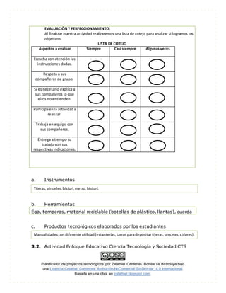Planificador de proyectos tecnológicos por Zalathiel Cárdenas Bonilla se distribuye bajo
una Licencia Creative Commons Atribución-NoComercial-SinDerivar 4.0 Internacional.
Basada en una obra en zalathiel.blogspot.com.
EVALUACIÒNY PERFECCIONAMIENTO:
Al finalizar nuestra actividad realizaremos una lista de cotejo para analizar si logramos los
objetivos.
LISTA DE COTEJO
Aspectos a evaluar Siempre Casi siempre Algunas veces
Escucha con atención las
instrucciones dadas.
Respeta a sus
compañeros de grupo.
Si es necesario explica a
sus compañeros lo que
ellos no entienden.
Participaenla actividada
realizar.
Trabaja en equipo con
sus compañeros.
Entrega a tiempo su
trabajo con sus
respectivas indicaciones.
a. Instrumentos
b. Herramientas
Ega, temperas, material reciclable (botellas de plástico, llantas), cuerda
c. Productos tecnológicos elaborados por los estudiantes
3.2. Actividad Enfoque Educativo Ciencia Tecnología y Sociedad CTS
Tijeras,pinceles,bisturí,metro,bisturí.
Manualidadescon diferente utilidad(estanterías,tarrosparadepositartijeras,pinceles,colores).
 