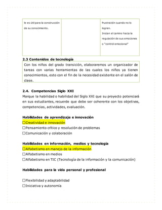 le es útil para la construcción
de su conocimiento.
frustración cuando no lo
logran.
Inician el camino hacia la
regulación de sus emociones
o “control emocional”
2.3 Contenidos de tecnología
Con los niños del grado transición, elaboraremos un organizador de
tareas con varias herramientas de las cuales los niños ya tienen
conocimientos, esto con el fin de la necesidad existente en el salón de
clase.
2.4. Competencias Siglo XXI
Marque la habilidad o habilidad del Siglo XXI que su proyecto potenciará
en sus estudiantes, recuerde que debe ser coherente con los objetivos,
competencias, actividades, evaluación.
Habilidades de aprendizaje e innovación
Creatividad e innovación
Pensamiento crítico y resolución de problemas
Comunicación y colaboración
Habilidades en información, medios y tecnología
Alfabetismo en manejo de la información
Alfabetismo en medios
Alfabetismo en TIC (Tecnología de la información y la comunicación)
Habilidades para la vida personal y profesional
Flexibilidad y adaptabilidad
Iniciativa y autonomía
 