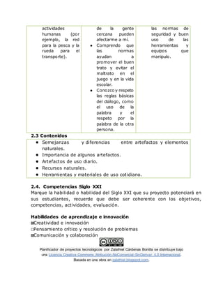 Planificador de proyectos tecnológicos por Zalathiel Cárdenas Bonilla se distribuye bajo
una Licencia Creative Commons Atribución-NoComercial-SinDerivar 4.0 Internacional.
Basada en una obra en zalathiel.blogspot.com.
actividades
humanas (por
ejemplo, la red
para la pesca y la
rueda para el
transporte).
de la gente
cercana pueden
afectarme a mí.
● Comprendo que
las normas
ayudan a
promover el buen
trato y evitar el
maltrato en el
juego y en la vida
escolar.
● Conozco y respeto
las reglas básicas
del diálogo, como
el uso de la
palabra y el
respeto por la
palabra de la otra
persona.
las normas de
seguridad y buen
uso de las
herramientas y
equipos que
manipulo.
2.3 Contenidos
● Semejanzas y diferencias entre artefactos y elementos
naturales.
● Importancia de algunos artefactos.
● Artefactos de uso diario.
● Recursos naturales.
● Herramientas y materiales de uso cotidiano.
2.4. Competencias Siglo XXI
Marque la habilidad o habilidad del Siglo XXI que su proyecto potenciará en
sus estudiantes, recuerde que debe ser coherente con los objetivos,
competencias, actividades, evaluación.
Habilidades de aprendizaje e innovación
☒Creatividad e innovación
☐Pensamiento crítico y resolución de problemas
☒Comunicación y colaboración
 