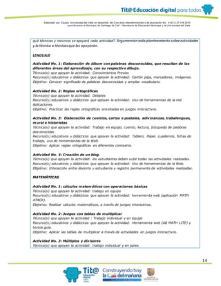 Elaborado por: Equipo Univ ersidad del Valle en desarrollo del Conv enio interadministrativ o de asociación No. 4143.0.27.016-2015
suscrito entre el Municipio de Santiago de Cali – Secretaría de Educación Municipal y la Univ ersidad del Valle
14
qué técnicas y recursos se apoyará cada actividad? Argumentarcada planteamiento sobreactividades
y la técnica o técnicasque las apoyarán.
LENGUAJE
Actividad No. 1: Elaboración de álbum con palabras desconocidas, que resultan de las
diferentes áreas del aprendizaje, con su respectivo dibujo.
Técnica(s) que apoyan la actividad: Conocimientos Previos
Recurso(s) educativos y didácticos que apoyan la actividad: Cartón paja, marcadores, imágenes.
Objetivo: Conocer significado de palabras desconocidas y ampliar vocabulario.
Actividad No. 2: Reglas ortográficas
Técnica(s) que apoyan la actividad: Debates
Recurso(s) educativos y didácticos que apoyan la actividad: Uso de herramientas de la red
Aplicaciones.
Objetivo: Practicar las reglas ortográficas enseñadas en juegos interactivos.
Actividad No. 3: Elaboración de cuentos, cartas o postales, adivinanzas, trabalenguas,
mural e historietas
Técnica(s) que apoyan la actividad: Trabajo en equipo, cuento, lectura, búsqueda de palabras
desconocidas.
Recurso(s) educativos y didácticos que apoyan la actividad: Tablero, Papel, cuadernos, fichas de
trabajo, uso de herramientas de la Web.
Objetivo: Aplicar reglas ortográficas en diferentes contextos.
Actividad No. 4: Creación de un blog.
Técnica(s) que apoyan la actividad: los estudiantes deben subir todas las actividades realizadas.
Recurso(s) educativos y didácticos que apoyan la actividad: Uso de herramientas de la Web.
Objetivo: Interacción entre docente y estudiante y registro permanente de actividades realizadas.
MATEMÁTICAS
Actividad No. 1: cálculos matemáticos con operaciones básicas
Técnica(s) que apoyan la actividad: trabajo en equipo
Recurso(s) educativos y didácticos que apoyan la actividad: herramienta web (aplicación MATH
ATACK).
Objetivo: Realizar cálculos matemáticos, a través de juegos interactivos.
Actividad No. 2: Juegos con tablas de multiplicar
Técnica(s) que apoyan la actividad : Trabajo individual y en equipo
Recurso(s) educativos y didácticos que apoyan la actividad: Herramienta web (AB MATH LITE) y
textos guía.
Objetivo: Aplicar las tablas de multiplicar a través de actividades en juegos interactivos.
Actividad No. 3: Múltiplos y divisores
Técnica(s) que apoyan la actividad: trabajo individual y en pares
 
