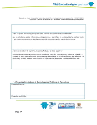Elaborado por: Equipo Univ ersidad del Valle en desarrollo del Conv enio interadministrativ o de asociación No. 4143.0.27.016-2015
suscrito entre el Municipio de Santiago de Cali – Secretaría de Educación Municipal y la Univ ersidad del Valle
PAGE *
MERGEF
ORMAT
10
¿Qué se quiere enseñar y para qué le va a servir al estudiante en su cotidianidad?
que el estudiante realice inferencias, anticipaciones, e identifique el sentido global y local del texto
y que realice composiciones escritas con sentido y coherencia disfrutando de la misma.
¿Cómo se involucra lo cognitivo, lo socio-afectivo y lo físico-creativo?
lo cognitivo se involucra movilizando los esquemas mentales como atención memoria, relación, y
síntesis, la parte socio afectiva la desarrollamos despertando el interés y el gusto por la lectura y la
escritura y lo físico creativo involucrando su capacidad de producción tanto escrita como oral.
1.5 Preguntas Orientadoras de Currículo para el Ambiente de Aprendizaje
Pregunta Esencial:
Preguntas de Unidad:
 