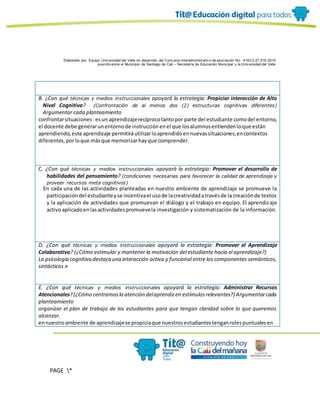 Elaborado por: Equipo Univ ersidad del Valle en desarrollo del Conv enio interadministrativ o de asociación No. 4143.0.27.016-2015
suscrito entre el Municipio de Santiago de Cali – Secretaría de Educación Municipal y la Univ ersidad del Valle
PAGE *
MERGEF
ORMAT
10
B. ¿Con qué técnicas y medios instruccionales apoyará la estrategia: Propiciar interacción de Alto
Nivel Cognitivo? (Confrontación de al menos dos (2) estructuras cognitivas diferentes)
Argumentar cada planteamiento
confrontarsituaciones:esun aprendizajerecíprocotantopor parte del estudiante comodel entorno,
el docente debe generarunentornode instrucciónenel que losalumnosentiendenloque están
aprendiendo,este aprendizaje permitiráutilizarloaprendidoennuevassituaciones,encontextos
diferentes,porloque másque memorizarhayque comprender.
C. ¿Con qué técnicas y medios instruccionales apoyará la estrategia: Promover el desarrollo de
habilidades del pensamiento? (condiciones necesarias para favorecer la calidad de aprendizaje y
proveer recursos meta cognitivos)
En cada una de las actividades planteadas en nuestro ambiente de aprendizaje se promueve la
participacióndel estudianteyse incentivael usode lacreatividadatravésde la creaciónde textos
y la aplicación de actividades que promuevan el diálogo y el trabajo en equipo. El aprendizaje
activoaplicadoenlasactividadespromuevela investigación y sistematización de la información.
D. ¿Con qué técnicas y medios instruccionales apoyará la estrategia: Promover el Aprendizaje
Colaborativo? (¿Cómo estimular y mantener la motivación del estudiante hacia el aprendizaje?)
La psicología cognitiva destaca una interacción activa y funcional entre los componentes semánticos,
sintácticos n
E. ¿Con qué técnicas y medios instruccionales apoyará la estrategia: Administrar Recursos
Atencionales?(¿Cómo centramosla atención delaprendizen estímulosrelevantes?) Argumentarcada
planteamiento
organizar el plan de trabajo de los estudiantes para que tengan claridad sobre lo que queremos
alcanzar.
ennuestroambiente de aprendizajese propiciaque nuestrosestudiantestenganrolespuntualesen
 