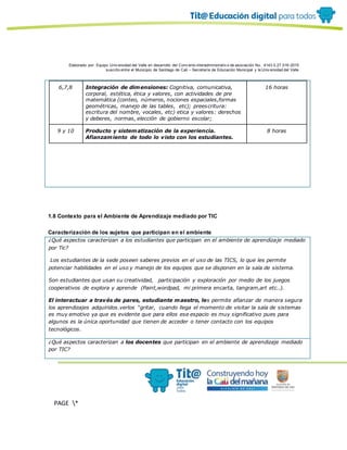 Elaborado por: Equipo Univ ersidad del Valle en desarrollo del Conv enio interadministrativ o de asociación No. 4143.0.27.016-2015
suscrito entre el Municipio de Santiago de Cali – Secretaría de Educación Municipal y la Univ ersidad del Valle
PAGE *
MERGEF
ORMAT
10
6,7,8 Integración de dimensiones: Cognitiva, comunicativa,
corporal, estética, ética y valores, con actividades de pre
matemática (conteo, números, nociones espaciales,formas
geométricas, manejo de las tables, etc); preescritura:
escritura del nombre, vocales, etc) etica y valores: derechos
y deberes, normas, elección de gobierno escolar;
16 horas
9 y 10 Producto y sistematización de la experiencia.
Afianzamiento de todo lo visto con los estudiantes.
8 horas
1.8 Contexto para el Ambiente de Aprendizaje mediado por TIC
Caracterización de los sujetos que participan en el ambiente
¿Qué aspectos caracterizan a los estudiantes que participan en el ambiente de aprendizaje mediado
por Tic?
Los estudiantes de la sede poseen saberes previos en el uso de las TICS, lo que les permite
potenciar habilidades en el uso y manejo de los equipos que se disponen en la sala de sistema.
Son estudiantes que usan su creatividad, participación y exploración por medio de los juegos
cooperativos de explora y aprende (Paint,wordpad, mi primera encarta, tangram,art etc..).
El interactuar a través de pares, estudiante maestro, les permite afianzar de manera segura
los aprendizajes adquiridos.verlos “gritar, cuando llega el momento de visitar la sala de sistemas
es muy emotivo ya que es evidente que para ellos ese espacio es muy significativo pues para
algunos es la única oportunidad que tienen de acceder o tener contacto con los equipos
tecnológicos.
¿Qué aspectos caracterizan a los docentes que participan en el ambiente de aprendizaje mediado
por TIC?
 