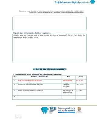  
 
 
  Elaborado por: Equipo Universidad del Valle en desarrollo del Convenio interadministrativo de asociación No.  4143.0.27.016­2015 
suscrito entre el Municipio de Santiago de Cali – Secretaría de Educación Municipal y la Universidad del Valle  
 
 
 
Espacio para el intercambio de ideas y opiniones 
¿Cuáles son los espacios para el intercambio de ideas y opiniones? (Foros, CoP, Redes de
aprendizaje, Redes sociales, otros)
 
 
 
4. DATOS DEL EQUIPO DE AMBIENTE
4.1 Identificación de los miembros del Ambiente de Aprendizaje 
No.  Nombres y Apellidos ME  Área  Grado 
1  Ana Victoria Pazmín Jaramillo Matemática 6º a 10º
2  Edilberto Antonio Avila Sanjuan Ciencias
Sociales
10° y 11°
3  Mario Ernesto Amador Socarrás Tecnologia e
informatica
2° - 5°
4 
 