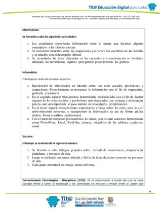Elaborado por: Equipo Univ ersidad del Valle en desarrollo del Conv enio interadministrativ o de asociación No. 4143.0.27.016-2015
suscrito entre el Municipio de Santiago de Cali – Secretaría de Educación Municipal y la Univ ersidad del Valle
6
Matemáticas:
Se llevarána cabo las siguientesactividades:
1. Los estudiantes recopilarán información sobre el aporte que hicieron algunos
matemáticos a las ciencias exactas.
2. Se realizarán encuestas sobre las ocupaciones que tienen los miembros de las familias
y su relación con el desempeño laboral.
3. Se recopilarán los datos obtenidos en las encuestas y a continuación se tabularán
utilizando las herramientas digitales para generar posteriormente los gráficos.
Informática:
El trabajose realizaraenvariosaspectos.
1. Recolección de información en internet sobre, los roles sociales, profesiones y
ocupaciones. Posteriormente se procesara la información con el fin de organizarla,
graficarla y analizarla.
2. En el segundo aspecto trabajaremos herramientas multimediales con el fin de ilustrar
algunos de los roles sociales y profesiones más destacados, sus ventajas y desventajas
para lo cual será importante el paso anterior de recopilación de información
3. En el tercer aspecto recopilaremos experiencias vividas sobre los roles, para lo cual
entrevistaremos personas, y recogeremos la información ya sea de forma gráfica
(videos, fotos) o auditiva (grabaciones).
4. Con el material elaborado procesaremos los datos, para lo cual usaremos herramientas
como PowerPoint, Excel, YouTube, cámara, micrófono de las tabletas, cuadernia,
xmind
Sociales:
El trabajo se realizará de la siguiente manera:
1. Se llevarán a cabo trabajos grupales sobre: manual de convivencia, competencias
ciudadanas y proyecto de vida.
2. Luego se realizará una mesa redonda y lluvia de ideas de como construir un proyecto
de vida.
3. Cada grupo presentará un ensayo acerca del tema.
Conocimiento Tecnológico - Disciplinar (TCK): Es el conocimiento a través del cual se tiene
claridad frente a cómo la tecnología y los contenidos se influyen y limitan entre sí. Saber que
 