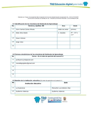 Elaborado por: Equipo Univ ersidad del Valle en desarrollo del Conv enio interadministrativ o de asociación No. 4143.0.27.016-2015
suscrito entre el Municipio de Santiago de Cali – Secretaría de Educación Municipal y la Univ ersidad del Valle
4.1 Identificación de los miembros del Ambiente de Aprendizaje
No. Nombres y Apellidos ME Área Grado
1 Yenni Yanhet Cortes Minota todas las areas primero
2 Nelly Silva Alzate C. Sociales 9º - 1oº y
11º
3 Oscar Victoria
4 Jorge Vera
5
4.2 Correos electrónicos de los miembros del Ambiente de Aprendizaje
No. Correo – En el orden de aparición del numeral 4.1
1 profeyenny25@gmail.com
2 nesialdegrajales@gmail.com
3
4
5
4.3 Nombre de la institución educativa (En orden de aparición en el numeral 4.1)
No
.
Institución Educativa
Sede
1 La Esperanza Monseñor Luís Adriano Díaz
2 Guillermo Valencia Guillermo Valencia
 