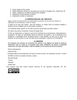 ● Cuento Digital en Story Jumper
● Diseño elaboración del plano la casa ideal para su familia en Geogebra 2D y Sweet Home 3D
● Diseño y elaboración de gráficas estadísticas en Geogebra
● Elaboración de presentaciones en Pixton
● Elaboración de vídeo en moviemaker
11.SISTEMATIZACIÓN DEL PROYECTO
Haga un breve resumen de cómo va a sistematizar el proyecto, los recursos que utilizará, la
clasificación de las evidencias, el plan de mejora
A través de los sitios web creados para este propósito, se subirán todos los productos digitales y
evidencia de los no digitales que se usen durante el proyecto.
Los estudiantes deben guardar en sus USB los archivos de las tareas que deben realizar.
Se crearán documentos compartidos a través de Google Drive.
El Plan de mejoramiento se realizará a partir de los resultados de la autoevaluación, heteroevaluación y
coevaluación de todos los participantes durante la ejecución del proyecto y de la observación de la
aceptación y receptividad de los estudiantes frente a cada actividad, es decir que se estará muy
pendiente de qué actividad es la que más logra llamar la creatividad y atención de los estudiantes.
12.CREDITOS
Es necesario que siempre se mencionen los autores o las páginas de donde se extrae la
información que se usará en el proyecto para evitar problemas de autoría o propiedad
intelectual y así evitar demandas o falta de respeto con los autores de dichos productos.
PEI de cada Institución
Planes de Aula
Estándares Básicos de Competencias de Cuarto en todas las áreas, de matemáticas de sexto a noveno
del MEN, de Ciencias naturales de octavo y noveno.
Buscador Google
Youtube
Wikipedia
· Google maps
Este proyecto está bajo licencia Creative Commons en las siguientes condiciones: BY, NC.
 