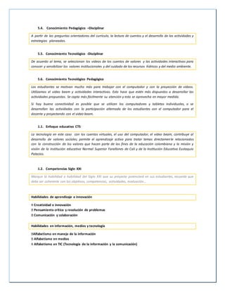5.4. Conocimiento Pedagógico –Disciplinar
A partir de las preguntas orientadoras del currículo, la lectura de cuentos y el desarrollo de las actividades y
estrategias planeadas.
5.5. Conocimiento Tecnológico -Disciplinar
De acuerdo al tema, se seleccionan los videos de los cuentos de valores y las actividades interactivas para
conocer y sensibilizar los valores institucionales y del cuidado de los recursos hídricos y del medio ambiente.
5.6. Conocimiento Tecnológico Pedagógico
Los estudiantes se motivan mucho más para trabajar con el computador y con la proyección de videos.
Utilizamos el video beam y actividades interactivas. Esto hace que estén más dispuestos a desarrollar las
actividades propuestas. Se capta más fácilmente su atención y esto se aprovecha en mayor medida.
Si hay buena conectividad es posible que se utilicen los computadores y tabletas individuales, o se
desarrollan las actividades con la participación alternada de los estudiantes con el computador para el
docente y proyectando con el video beam.
1.1. Enfoque educativo CTS
La tecnología en este caso con los cuentos virtuales, el uso del computador, el video beam, contribuye al
desarrollo de valores sociales; permite el aprendizaje activo para tratar temas directamente relacionados
con la construcción de los valores que hacen parte de los fines de la educación colombiana y la misión y
visión de la institución educativa Normal Superior Farallones de Cali y de la Institución Educativa Eustaquio
Palacios.
1.2. Competencias Siglo XXI
Marque la habilidad o habilidad del Siglo XXI que su proyecto potenciará en sus estudiantes, recuerde que
debe ser coherente con los objetivos, competencias, actividades, evaluación…
Habilidades de aprendizaje e innovación
X Creatividad e innovación
Pensamiento crítico y resolución de problemas
Comunicación y colaboración
Habilidades en información, medios y tecnología
Alfabetismo en manejo de la información
Alfabetismo en medios
X Alfabetismo en TIC (Tecnología de la información y la comunicación)
 