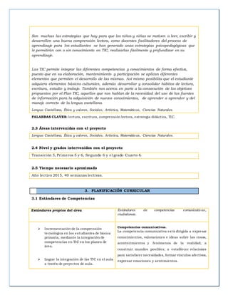 Son muchas las estrategias que hay para que los niños y niñas se motiven a leer, escribir y
desarrollen una buena comprensión lectora, como docentes facilitadores del proceso de
aprendizaje para los estudiantes se han generado unas estrategias psicopedagógicas que
le permitirán con o sin conocimiento en TIC, realizarlas fácilmente y profundizar en su
aprendizaje.
Las TIC permite integrar las diferentes competencias y conocimientos de forma efectiva,
puesto que en su elaboración, mantenimiento y participación se aplican diferentes
elementos que permiten el desarrollo de las mismas. Así mismo posibilita que el estudiante
adquiera elementos básicos culturales, además desarrollar y consolidar hábitos de lectura,
escritura, estudio y trabajo. También nos acerca en parte a la consecución de los objetivos
propuestos por el Plan TIC, aquellos que nos hablan de la necesidad del uso de las fuentes
de información para la adquisición de nuevos conocimientos, de aprender a aprender y del
manejo correcto de la lengua castellana.
Lengua Castellana, Ética y valores, Sociales, Artística, Matemáticas, Ciencias Naturales.
PALABRAS CLAVES: lectura, escritura, comprensión lectora, estrategia didáctica, TIC.
2.3 Áreas intervenidas con el proyecto
Lengua Castellana, Ética y valores, Sociales, Artística, Matemáticas, Ciencias Naturales.
2.4 Nivel y grados intervenidos con el proyecto
Transición 5, Primeros 5 y 6, Segundo 6 y el grado Cuarto 6.
2.5 Tiempo necesario aproximado
Año lectivo 2015, 40 semanas lectivas.
3. PLANIFICACIÓN CURRICULAR
3.1 Estándares de Competencias
Estándares propios del área Estándares de competencias comunicativas,
ciudadanas.
 Incrementación de la comprensión
tecnológica en los estudiantes de básica
primaria, mediante la integración de
competencias en TIC en los planes de
área.
 Lograr la integración de las TIC en el aula
a través de proyectos de aula.
Competencias comunicativas.
La competencia comunicativa está dirigida a expresar
conocimientos, valoraciones e ideas sobre las cosas,
acontecimientos y fenómenos de la realidad; a
construir mundos posibles; a establecer relaciones
para satisfacer necesidades, formar vínculos afectivos,
expresar emociones y sentimientos.
 
