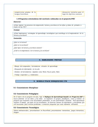 competencias propias de la
Lengua Castellana.
demuestre iniciativa para el
logro de objetivos comunes
1.4 Preguntas orientadoras del currículo enfocadas en el proyecto-POC
Esencial:
¿Cómo mejorar los procesos de comprensión lectora y escritura en los niños y niñas de primaria a
través de las TIC?
Unidad:
¿Cómo implementar estrategias de aprendizaje tecnológicas que contribuya en al mejoramiento de la
lectura y escritura?
Contenido:
¿Qué es la lectura?
¿Qué es la escritura?
¿Qué tipos de lectura y escritura existen?
¿Cuál es la importancia de la lectura y la escritura?
4. HABILIDADES PREVIAS
- Manejo del computador, herramientas virtuales de aprendizaje.
- Búsqueda de información en la web.
- Dominio de herramientas digitales como Word, Power point, Paint.
- Trabajo cooperativo y colaborativo.
5. MODELO TPACK ENRIQUECIDO CTS
5.1 Conocimiento Disciplinar
5.2 Conocimiento Pedagógico
En el marco de un proyecto de aula, bajo el Enfoque de Aprendizaje basado en Proyectos AbP se
busca fomentar en los niños y las niñas se organicen en grupos, planifiquen, creen y evalúen un
proyecto que responda a las necesidades planteadas en una determinada situación. Este aprendizaje
requiere el manejo, por parte de los estudiantes, de diversas fuentes de información y disciplinas que
son necesarias para resolver problemas o contestar preguntas que sean realmente relevantes.
5.3 Conocimiento Tecnológico
Videos motivacionales, presentaciones en PowerPoint, presentaciones interactivas, juegos interactivos,
blogger.
 