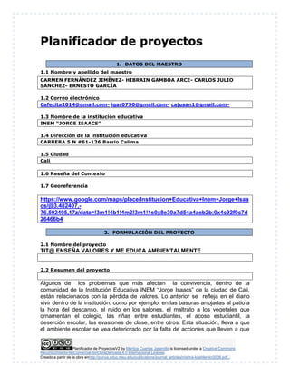 Planificador de ProyectosV2 by Maritza Cuartas Jaramillo is licensed under a Creative Commons
Reconocimiento-NoComercial-SinObraDerivada 4.0 Internacional License.
Creado a partir de la obra enhttp://punya.educ.msu.edu/publications/journal_articles/mishra-koehler-tcr2006.pdf...
PPllaanniiffiiccaaddoorr ddee pprrooyyeeccttooss
1. DATOS DEL MAESTRO
1.1 Nombre y apellido del maestro
CARMEN FERNÀNDEZ JIMÈNEZ- HIBRAIN GAMBOA ARCE- CARLOS JULIO
SANCHEZ- ERNESTO GARCÌA
1.2 Correo electrónico
Cafecita2014@gmail.com- igar0750@gmail.com- cajusan1@gmail.com-
1.3 Nombre de la institución educativa
INEM “JORGE ISAACS”
1.4 Dirección de la institución educativa
CARRERA 5 N #61-126 Barrio Calima
1.5 Ciudad
Cali
1.6 Reseña del Contexto
1.7 Georeferencia
https://www.google.com/maps/place/Institucion+Educativa+Inem+Jorge+Isaa
cs/@3.482407,-
76.502405,17z/data=!3m1!4b1!4m2!3m1!1s0x8e30a7d54a4aeb2b:0x4c92f0c7d
26466b4
2. FORMULACIÓN DEL PROYECTO
2.1 Nombre del proyecto
TIT@ ENSEÑA VALORES Y ME EDUCA AMBIENTALMENTE
2.2 Resumen del proyecto
Algunos de los problemas que más afectan la convivencia, dentro de la
comunidad de la Institución Educativa INEM “Jorge Isaacs” de la ciudad de Cali,
están relacionados con la pérdida de valores. Lo anterior se refleja en el diario
vivir dentro de la institución, como por ejemplo, en las basuras arrojadas al patio a
la hora del descanso, el ruido en los salones, el maltrato a los vegetales que
ornamentan el colegio, las riñas entre estudiantes, el acoso estudiantil, la
deserción escolar, las evasiones de clase, entre otros. Esta situación, lleva a que
el ambiente escolar se vea deteriorado por la falta de acciones que lleven a que
 