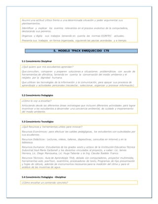 Asumir una actitud crítica frente a una determinada situación y poder argumentar sus
planteamientos.
Identificar y explicar los eventos relevantes en el proceso evolutivo de la computadora,
destacando sus pioneros.
Organiza y digita sus trabajos teniendo en cuenta las normas ICONTEC actuales.
Presenta sus trabajos en forma organizada, siguiendo las pautas acordadas y a tiempo.
5. MODELO TPACK ENRIQUECIDO CTS
5.1 Conocimiento Disciplinar
¿Qué quiero que mis estudiantes aprendan?
Que consulten, comparen y preparen soluciones a situaciones problemáticas con ayuda de
herramientas de ofimática, teniendo en cuenta la conservación del medio ambiente y el
respeto por la dignidad humana.
Que utilicen las tecnologías de la información y la comunicación, para apoyar sus procesos de
aprendizaje y actividades personales (recolectar, seleccionar, organizar y procesar información)
5.2 Conocimiento Pedagógico
¿Cómo lo voy a enseñar?
Articulando desde las diferentes áreas estrategias que incluyen diferentes actividades para lograr
incentivar a los estudiantes a desarrollar una conciencia ambiental, de cuidado y mejoramiento
del medio ambiente.
5.3 Conocimiento Tecnológico
¿Qué Recursos y herramientas utilizo para innovar?
Recursos Económicos: para efectuar las salidas pedagógicas, los estudiantes son subsidiados por
sus acudientes.
Recursos Didácticos: Lecturas, videos, talleres, diapositivas, consultas en internet y en la
biblioteca.
Recursos Humanos: Estudiantes de los grados sexto y octavo de la Institución Educativa Técnica
Industrial José María Carbonell y los docentes vinculados al proyecto, a saber: Lic. James
Herrera, Lic. Diego Manosalva, Lic. Hugo Taborda y la Ing. Claudia Baldión Franco.
Recursos Técnicos: Aula de Aprendizaje Tit@, dotada con computadores, proyector multimedia,
herramientas web, powToon, examtime, procesadores de texto, Programas de tipo presentación
y hojas de cálculo, además de instrumentos necesarios para la medición del clima y para el
análisis de las muestras de agua.
5.4 Conocimiento Pedagógico –Disciplinar
¿Cómo enseñar un contenido concreto?
 