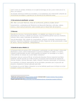 razón se dan los cambios climáticos en la ciudad de Santiago de Cali y como incide esto en la
flora y en la fauna.
Se procede entonces al análisis de resultados y a la socialización de la información utilizando las
herramientas tecnológicas sugeridas por los docentes de las diferentes áreas.
7.2 Herramientas de planificación curricular
PEI- Plan curricular-Rubricas, listas de verificación, gráficos ¿Cuáles otras?
Lineamientos y estándares del Ministerio de Educación Nacional, artículos, videos,
textos y sitios web previamente seleccionados para el desarrollo del proyecto.
7.3 Recursos
Describa los recursos y herramientas digitales y no digitales que integra en su clase, si
personaliza los recursos, si diseña sus recursos, si los estudiantes aportan recursos (hardware,
software, libros, guías, materiales de laboratorio, otros…)
Aula de Aprendizaje Tit@, dotada con computadores, proyector multimedia, herramientas web,
powToon, examtime, CmapTools, procesadores de texto, Programas de tipo presentación y hojas
de cálculo, cámaras fotográficas, videograbadoras.
7.4 Gestión de aula en Modelo 1:1
¿El proyecto tiene en cuenta el PEI institucional?, ¿está acorde a su plan de área?, ¿Cómo está
distribuida su aula?, ¿Cómo implementará el uso de los notebooks en modelo 1:1? ¿Cómo
utilizará el administrador de aula? ¿Cómo planifica los tiempos con tecnología en su clase?,
¿Tiene definido los tiempos de uso del Tablero interactivo?
El proyecto tiene en cuenta el PEI de la Institución Educativa Técnica Industrial José María
Carbonell, está de acuerdo con el Plan de área y el proyecto transversal de las asignaturas
Ciencias Sociales, Ciencias Naturales, Inglés y Rotación Sistemas, relacionadas en el proyecto.
Los notebooks se utilizarán dependiendo de las actividades planeadas para la ejecución del
proyecto, empleando el tiempo adecuado para ellas.
Los tiempos de uso del Tablero Interactivo no se han definido puesto que a la fecha no se han
instalado ni están en la institución.
i Planificador de ProyectosV2 by Maritza Cuartas Jaramillo is licensed under a Creative Commons Reconocimiento-
NoComercial-SinObraDerivada 4.0 Internacional License.
Creado a partir de la obra enhttp://punya.educ.msu.edu/publications/journal_articles/mishra-koehler-tcr2006.pdf..
 