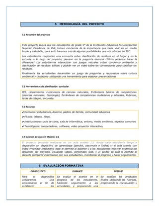 5 METODOLOGÍA DEL PROYECTO
7.1 Resumen del proyecto
Este proyecto busca que los estudiantes de grado 5° de la Institución Educativa Escuela Normal
Superior Farallones de Cali, tomen conciencia de la importancia que tiene vivir en un medio
limpio y saludable, para esto haremos uso de algunas posibilidades que nos ofrecen las TIC.
Los estudiantes responden una encuesta sobre clasificación de residuos en el hogar y en la
escuela, a lo largo del proyecto, piensan en la pregunta esencial ¿Cómo podemos hacer la
diferencia? Los estudiantes interactúan con juegos virtuales sobre conciencia ambiental y
clasificación de residuos sólidos y podrán ver un video sobre las convenciones para clasificar los
residuos.
Finalmente los estudiantes desarrollan un juego de preguntas y respuestas sobre cultura
ambiental y ciudadana utilizando una herramienta para elaborar presentaciones
7.2 Herramientas de planificación curricular
PEI, Lineamientos curriculares de ciencias naturales, Estándares básicos de competencias
(ciencias naturales, tecnología), Estándares de competencias ciudadanas y laborales, Rubricas,
listas de cotejos, encuesta.
7.3 Recursos
✔Humanos: estudiantes, docente, padres de familia, comunidad educativa
✔Físicos: tablero, libros.
✔Institucionales: aula de clase, sala de informática, entono, medio ambiente, espacios comunes
✔Tecnológicos: computadores, software, video proyector interactivo,
7.4 Gestión de aula en Modelo 1:1
El proyecto pretende realizarse en un aula modelo 1:1 donde cada estudiante tenga a
disposición un dispositivo de aprendizaje (portátil, classmate o Tablet) si el aula cuenta con
Video Proyector Interactivo este le permite al docente y a los estudiantes mostrar evidencia del
desarrollo del proyecto, visualizar videos, contenidos web, y el gestor de aula le permite al
docente compartir información con sus estudiantes, monitorear el progreso y hacer seguimiento.
6 EVALUACIÓN FORMATIVA
DIAGNOSTICO DURANTE DESPUES
Para el diagnostico
utilizaremos una
encuestacon el fin de
establecer los
Se evalúa el avance en el
progreso de los estudiantes,
haciendo seguimiento a las
actividades, y proponiendo una
Se evalúan los productos
finales utilizando las rubricas,
proponiendo la coevaluación y
 