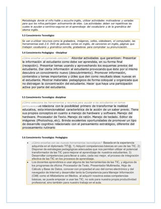 Metodología donde el niño hable y escuche inglés, utilizar actividades motivadoras y variadas
para que los niños participen activamente de ellas. Las actividades deben ser repetitivas las
cuales le ayudan a sentirse seguros en el aprendizaje del vocabulario y de la gramática del
idioma inglés.
5.3 Conocimiento Tecnológico
Se van a utilizar recursos como la grabadora, imágenes, sellos, videobeam, el computador, las
herramientas web 2.0. DVD de películas cortas en inglés, de canciones en inglés, páginas que
trabajen vocabulario y gramática sencilla, grabadoras para comprobar su pronunciación.
5.4 Conocimiento Pedagógico –Disciplinar
¿Cómo enseñar un contenido concreto? Abordar actividades que garanticen: Presentar
la información al estudiante como debe ser aprendida, en su forma final
(recepción). Presentar temas usando y aprovechando los esquemas previos del
estudiante. Dar cierta información al estudiante provocando que éste por sí mismo
descubra un conocimiento nuevo (descubrimiento). Promover información,
contenidos y temas importantes y útiles que den como resultado ideas nuevas en
el estudiante. Mostrar materiales pedagógicos de forma coloquial y organizada que
no distraigan la concentración del estudiante. Hacer que haya una participación
activa por parte del estudiante.
5.5 Conocimiento Tecnológico disciplinar
¿Cómo selecciona las herramientas y recursos para ayudar a los estudiantes en temas
particulares? se relaciona con la posibilidad primero de transformar la realidad
educativa, esta intencionalidad característica de la acción de un saber previo. Tiene
sus propios conceptos en cuanto a manejo de hardware y software. Manejo del
hardware. Procesador de Texto. Manejo de ratón. Manejo de teclado. Editor de
imágenes (Photoshop, etc). Brinda excelentes oportunidades de promover un tipo
de desarrollo cognitivo relacionado con el pensamiento estratégico, diferente del
procesamiento rutinario
5.6 Conocimiento Tecnológico Pedagógico
 ¿Cómo enseñas con las nuevas herramientas tecnológicas? Basada en la experiencia
adquirida en el diplomado TIT@, 1) Adquirir competencias básicas en uso de las TIC. 2)
Disponer de estrategias pedagógicas adecuadas que nos permitan utilizar el potencial
transformador de las TIC para mejorar el aprendizaje de nuestros estudiantes. 3)
Desarrollar competencias para llevar a cabo, cada vez mejor, el proceso de integración
efectiva de las TIC en los procesos de aprendizaje.
 Los docentes aprendimos a usar alguna de las herramientas de las TIC, y algunos de
los programas de oficina: Procesador de Texto, Presentador Multimedia, Hoja de
Cálculo y Base de Datos, conocer con propiedad el uso del correo electrónico y del
navegador de Internet y desarrollar tanto la Competencia para Manejar Información
(CMI) como el Alfabetismo en Medios. al adquirir nosotros estas competencias
básicas, se puede empezar a usar las TIC, no solo para nuestra propia productividad
profesional, sino también para nuestro trabajo en el aula.
 